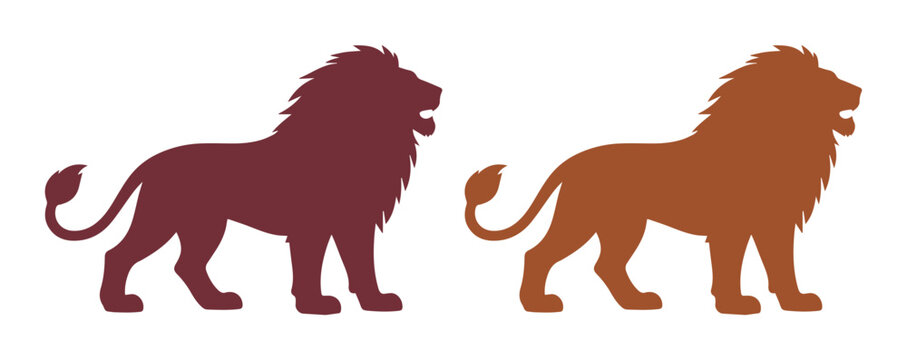 Siluetas de leones rugiendo, dos vectores de animales salvajes majestuosos, iconos de fuerza y realeza, dise&ntilde;o gr&aacute;fico de mascotas y logotipos, elementos de marca para empresas.