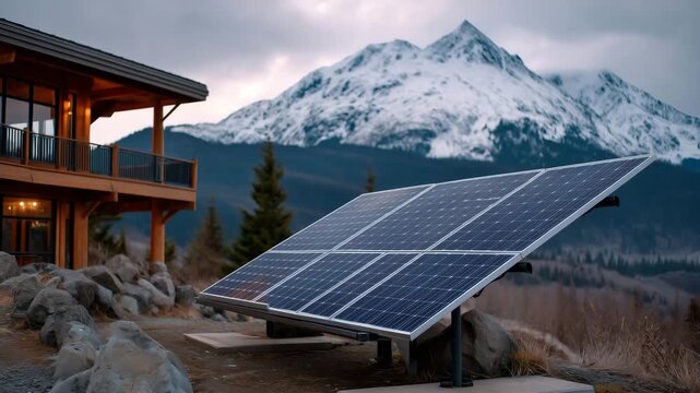 Solar panel array powers remote mountain retreat visible in background, sustainable technology against snow-capped peaks under overcast sky at dusk, perfect for eco-tourism renewab