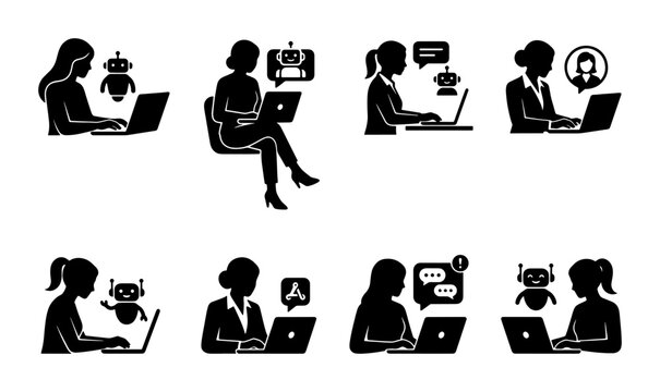 AI Chatbot Interaction Icons, Woman Using Laptop with Robot Assistant, Digital Communication and Support Set, Vector Graphics
