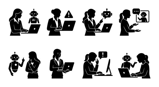 AI Chatbot Interaction Icons, Businesswoman and Robot Dialogue Set, Technology Communication Vector Graphics