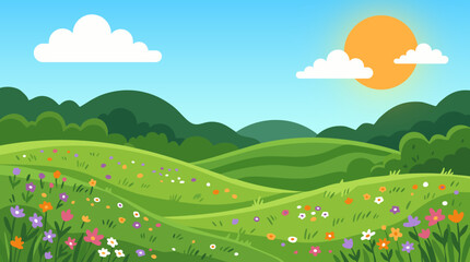 Fototapeta premium Colorful meadow with rolling hills under sunny sky