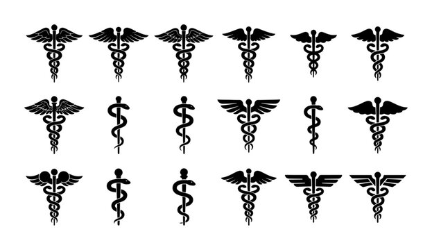 Caduceus Symbol Collection, Medical Healthcare Icons, Pharmacy and Medicine Vector Graphics, Asclepius Staff and Serpent Emblem Set