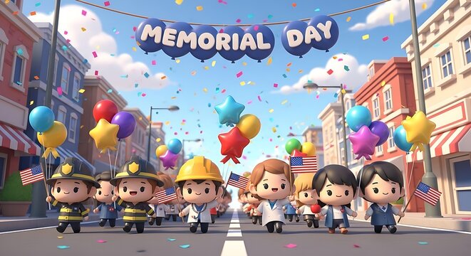Happy family and children having fun together on a lively city street in a colorful cartoon style and celebrate memorial day