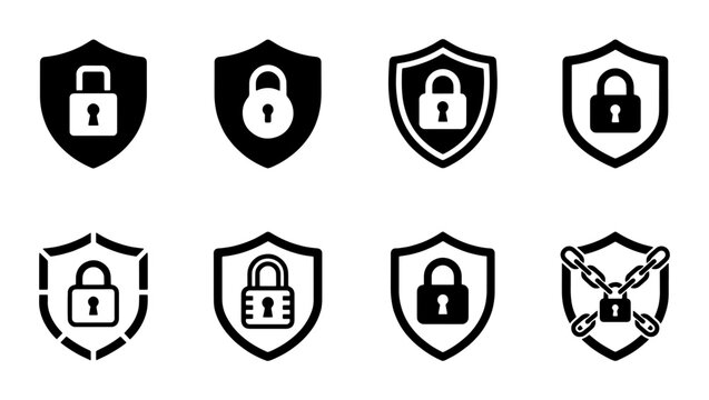 Security Shield Icons, Digital Protection Symbols, Cyber Safety Locks, Data Privacy Assurance, Vector Graphics Set