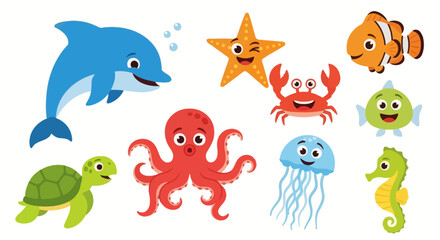 Fototapeta premium Cute Cartoon Sea Animals Vector Illustration Set for Kids