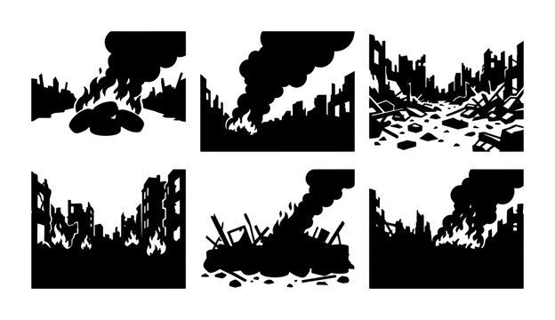 Disaster Scene Silhouettes, Urban Destruction Collection, Fire and Smoke Vector Elements, Catastrophe Aftermath Graphics, Ruined Cityscape Icons