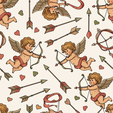 Delightful illustration featuring cherubs, arrows, hearts, and bows creating a seamless pattern