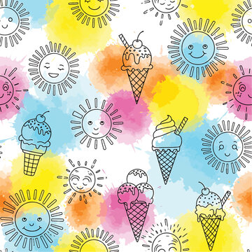 Delightful seamless pattern featuring smiling suns and colorful ice cream cones on a watercolor background