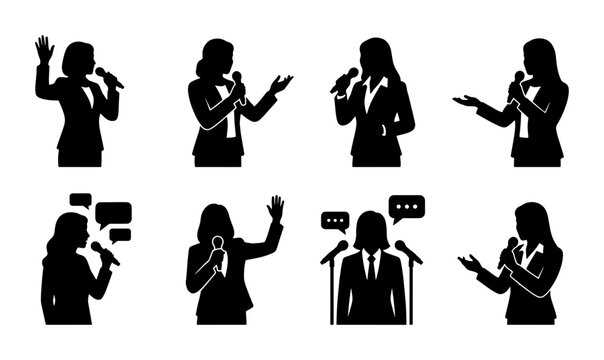 Speaker Silhouette Collection, Public Speaking Icons, Presentation Graphics, Business Woman Microphones, Speech Bubbles, Event Host Vector Set