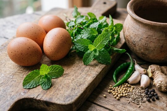Group of four organic eggs fresh mint leaves ginger garlic green chilies coriander seeds cumin seeds and peppercorns on rustic wooden cutting board clay pot.
