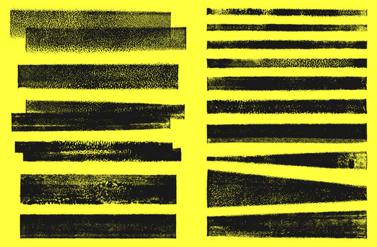Grunge linocut vector stripes streaks, relief printing wide rectangle shapes rough textured set. Artistic dividers borders backgrounds text box collection. Paint roller stains, lino ink grungy remains