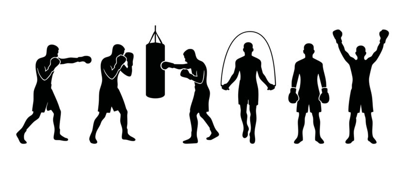 Boxing silhouette set with fighter training, punching bag, jumping rope and champion pose, isolated black icons on white background for sports design elements, martial arts athlete competition fitness