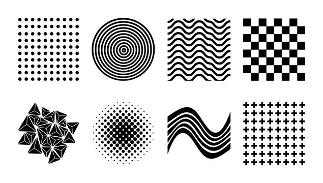 Abstract Geometric Patterns, Retro Optical Illusions, Minimalist Graphic Elements, Black and White Vector Textures for Design Projects