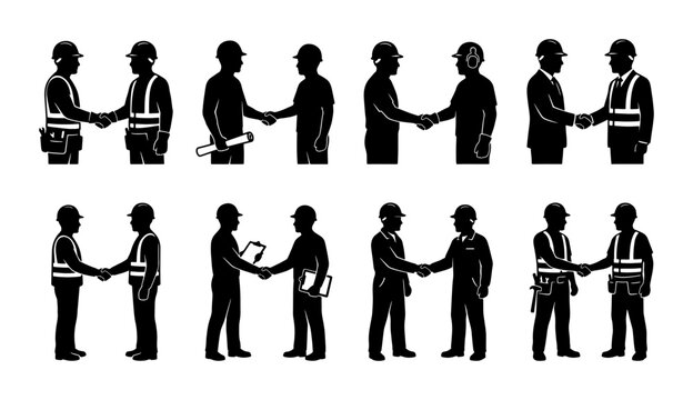 Construction Worker Handshake Silhouettes, Business Deal Agreement Icons, Partnership Collaboration Vector Set