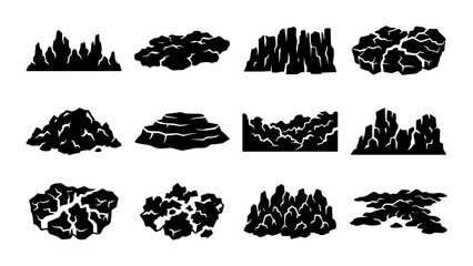 Vector Rock Formations, Mountain Peaks, Stone Clusters, Geological Elements, Landscape Scenery, 12 Icons Set © Rida