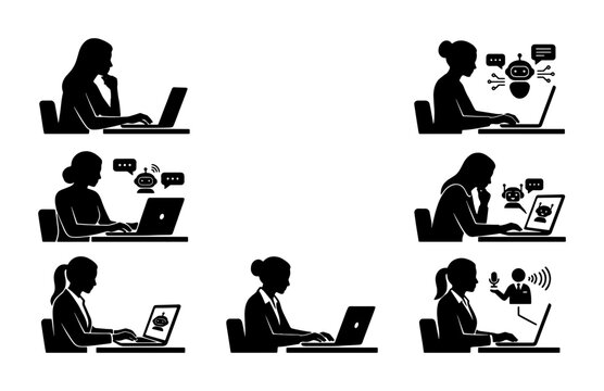Business Woman Silhouette Icons: AI Chatbots, Communication, and Digital Workflow. Set of 6 Vector Graphics for Technology and Corporate Concepts.