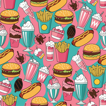 Delicious fast food seamless pattern with burgers, fries, hot dogs, and milkshakes on a pink background