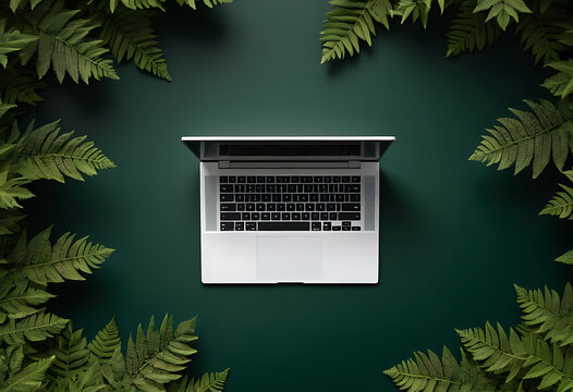 Silver laptop with black keyboard on dark green background, surrounded by fern leaves computer