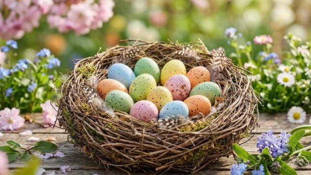 Colorful speckled Easter eggs in a woven bird nest, spring holiday concept, soft bokeh background, natural festive styling, realistic detail, no logos