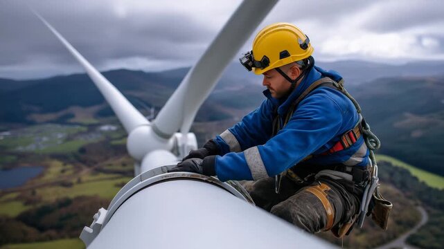 Wind turbine maintenance crew ascending tower structure during dramatic overcast conditions, renewable energy infrastructure inspection safety protocols perspective, green power ge