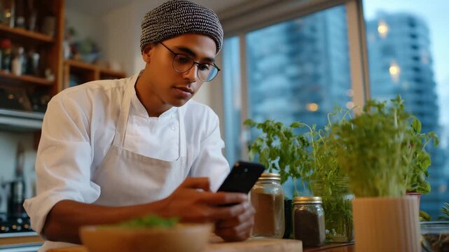Young diaspora chef preparing ancestral recipes in modern urban kitchen while video calling relatives overseas, blending traditional spices with contemporary techniques under soft