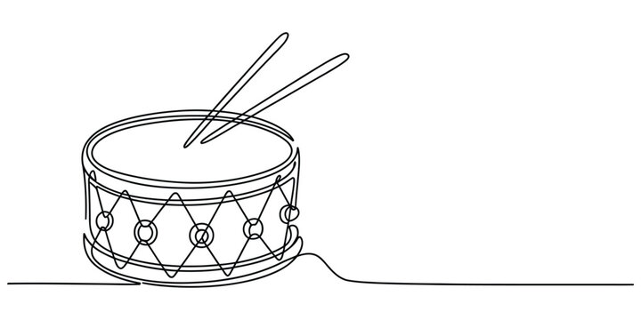 Single continuous line drawing of a drum with sticks