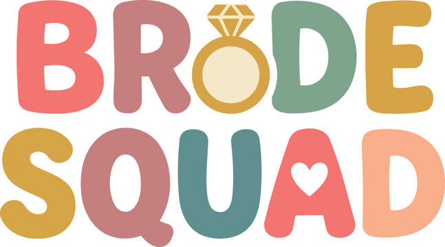 Colorful bride squad lettering with ring and heart icons flat design