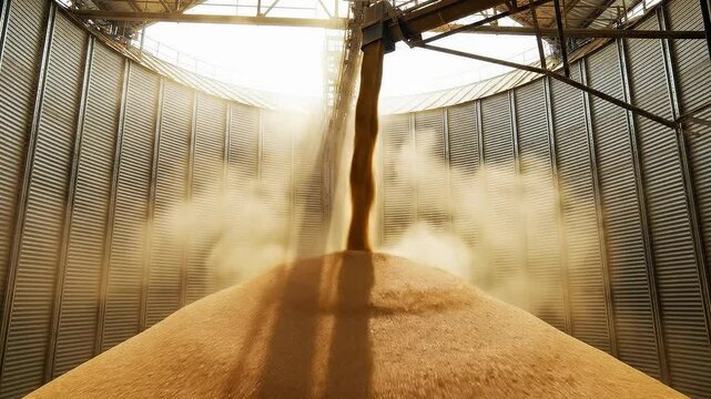 The process of grain being filled into a large silo. The grain is poured in quickly and builds up inside the silo over time.