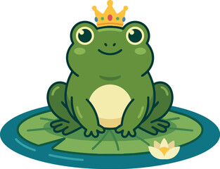 Fototapeta premium Cute green frog with crown sitting on lily pad with flower