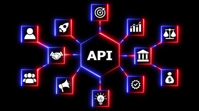 Api network connection concept digital presentation. Animated digital api network connection concept with neon glowing icons representing business finance and technology systems.