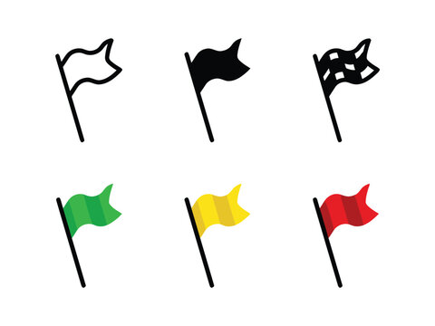 Set of six flag icons in different styles and colors including racing checkered green yellow and red flags.