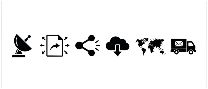 Communication and Data Transfer Icons Set, Global Network Distribution Symbols for Digital Business and Technology Infrastructure, Satellite, File Sharing, Cloud Download, World Map and Logistics Deli