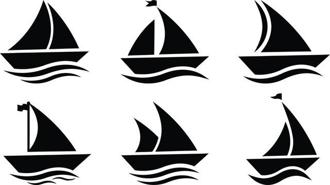 Set of black sailboat icons on transparent background sailing on waves.