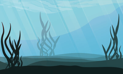 Underwater ocean landscape with sun rays and seaweed silhouettes. Blue deep water background with light beams. Vector flat illustration for marine nature, diving and ecology design © AnnstasAg
