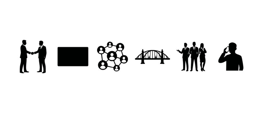 Business Icons Set Black Silhouette, Corporate Concepts Including Handshake Network Bridge Meeting and Phone Call for Professional Web Design, Digital Communication and Office Workplace Visual Strateg