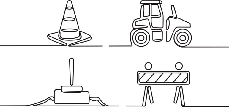 Construction signs icons set depicting traffic cone road roller and barriers in a continuous line art style