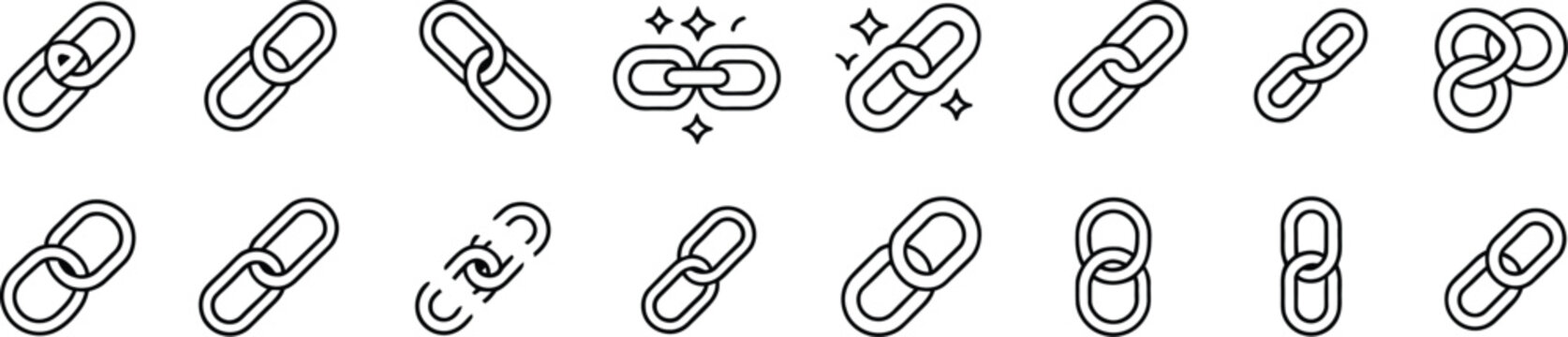 Link line icons featuring connection, chain, hyperlink, network symbols in clean editable outline vector style