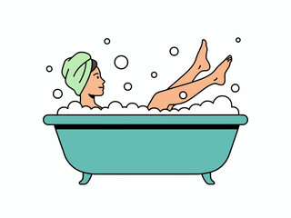 Naklejka premium Woman Relaxing in Bubble Bath Inside Teal Bathtub Illustration