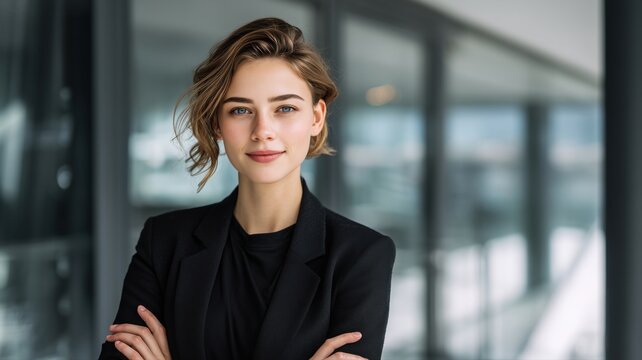 白人女性が黒いジャケットを着て腕を組んでいる姿。ビジネスや自己紹介、プロフィール写真に適したイメージ