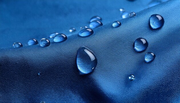Gotas De Agua Sobre Tela Azul Con Textura Visible Mostrando Alta Tension Superficial Y Efecto Hidrofobico Que Impide La Absorcion Ideal Para Tejidos Tecnicos Y Prendas Resistentes Al Agua