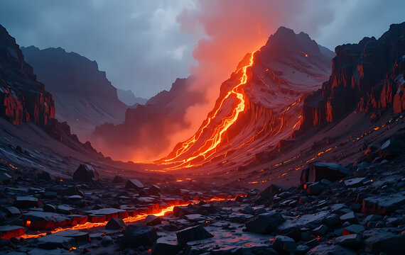 Volcanic eruption with lava flowing down a mountain, rocks and boulders in foreground, smoke and ash in the air