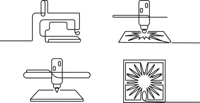 Industrial manufacturing icons set featuring laser cutting and engraving machines in continuous line