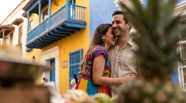 Couple embracing in front of colorful colonial buildings