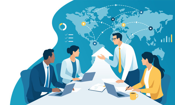 Profit strategy. The team sits at a table that continues into the shape of rsing arrow sign pointing at a world map. Business vector illustration.