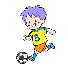 Obraz premium Cute cartoon boy with purple hair playing soccer with a ball, wearing a yellow shirt and orange shorts, isolated on a white background.