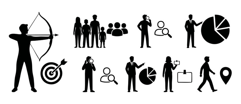 Business People Silhouette Icon Set for Corporate Strategy, Marketing, and Human Resources Concept, featuring Archer, Data Analysis, Recruitment, Identification and Navigation Symbols on White Backgro