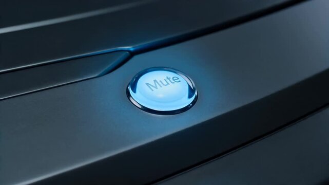 Female hand interacts with sleek car control panel, pressing button to activate mute function, showcasing modern automotive technology in a stylish interior setting