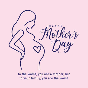 Happy mother day square social media template with pregnant woman line art illustration for motherhood awareness campaign maternity clinic advertisement and digital greeting on pink background color.