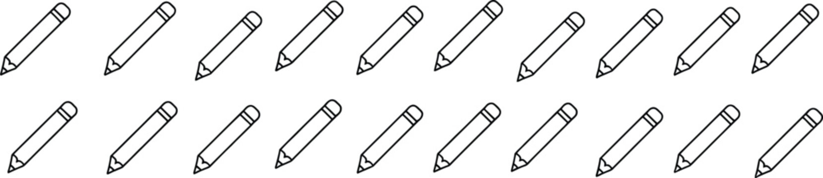 Pencil line icons featuring writing, drawing, editing, stationery symbols in clean editable outline vector style