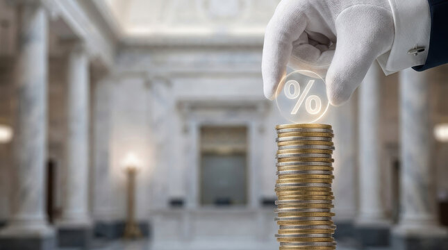 Inflation interest rate hike concept coin finance economy percent inflation interest rate hike concept coin stack with hand holding percent symbol government building interior reflecting monetary